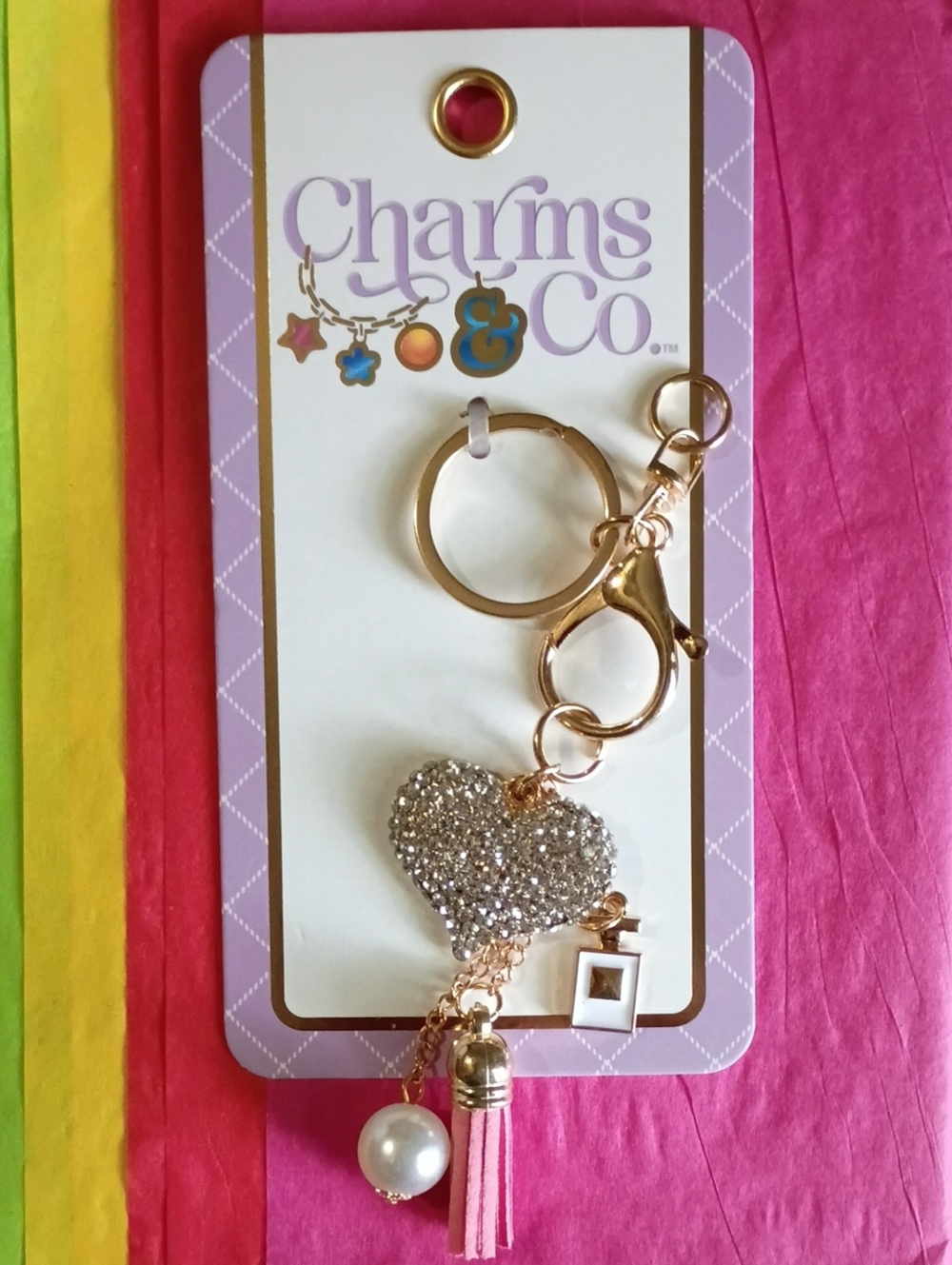 Gold-Tone Heart Keychain with Silver Crystal Accent and Pink Tassel